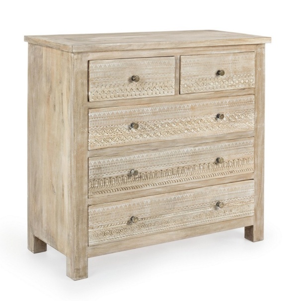 Comodă cu 5 sertare Mayra, din lemn de mango sculptat manual, 93x40x90 cm