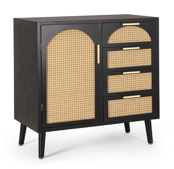 Comoda Josine, lemn de pin, cu 1 ușă, 4 sertare și inserții din ratan, negru, 80x40x80 cm
