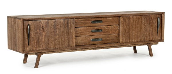 Comodă TV Sherman, 200 cm, cu uși glisante, din lemn de mango, stil vintage, 200x43x60 cm