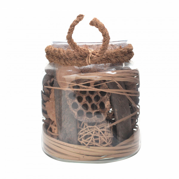 Decoratiune din sticla Flora cu materiale naturale uscate, maro