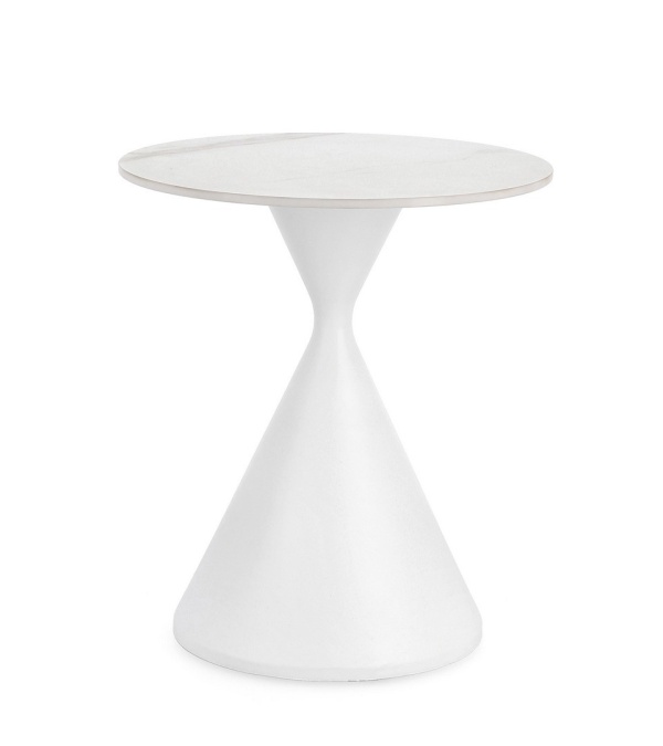 Măsuță de cafea Joona, rotundă, cu blat din gresie porțelanată efect marmură alb mat și bază din oțel, alb, diametru 50 cm