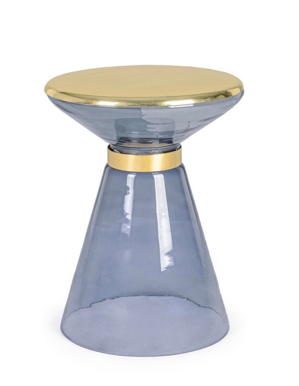 Măsuță de cafea Meriel, rotundă, din sticlă gri și oțel, finisaj alamă aurie, diametru 36 cm, înălțime 46 cm