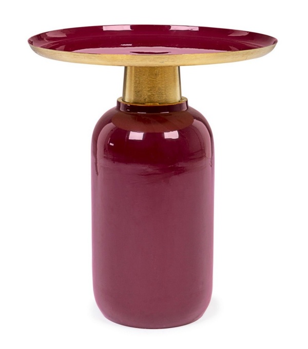 Măsuță de cafea Nalima, rotundă, din oțel emailat, burgundiu, diametru 40.5 cm, înălțime 45.5 cm