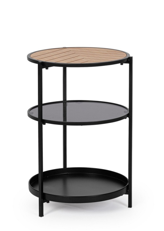 Măsuță de cafea rotundă Haldor, cu poliță din sticlă, metal și MDF furniruit, negru și natur, 40x60.5 cm