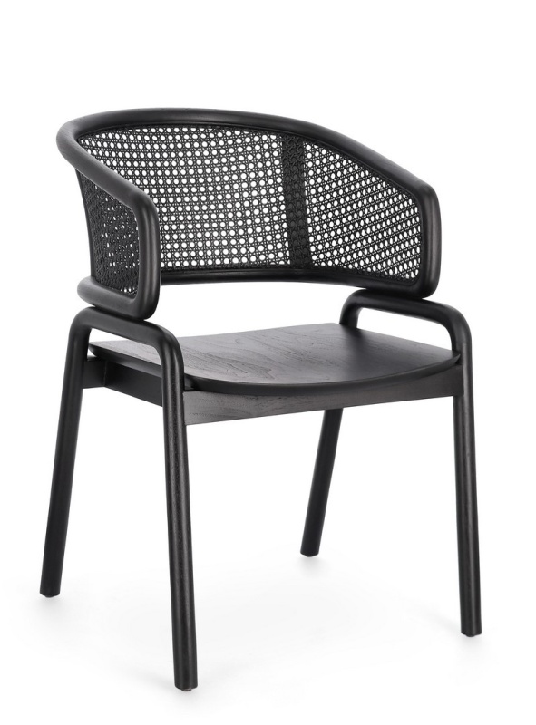 Scaun vintage Keith cu brațe, lemn de tec și ratan, negru, 56 x 60.5 x 83 cm