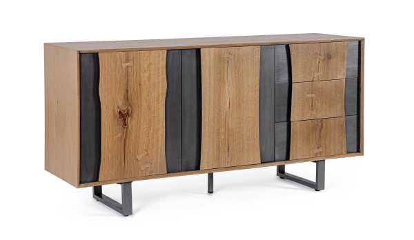 Servanta Garwood, 2 uși și 3 sertare, din MDF furniruit cu stejar, finisaj natural, picioare din oțel, 150x42x75 cm