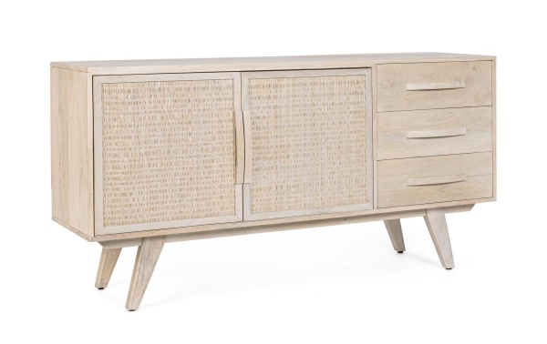 Servanta Sahana, cu 2 uși și 3 sertare, din lemn de mango și ratan, finisaj alb spălăcit, 155x40x80 cm