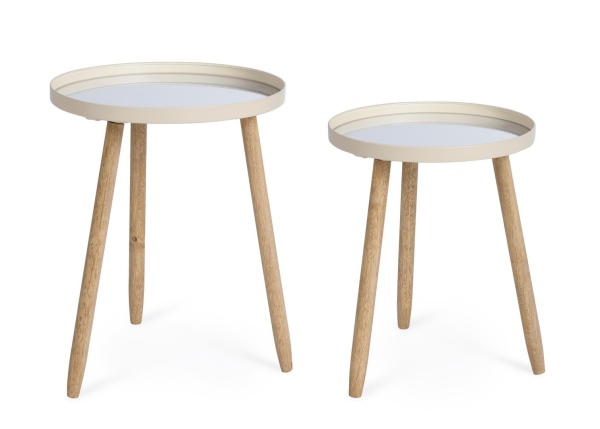 Set 2 măsuțe de cafea Edvard, cu blat tip oglindă și picioare din lemn de cauciuc, structură din oțel vopsit epoxidic, ivoriu, diametre 35,5 cm și 40 cm