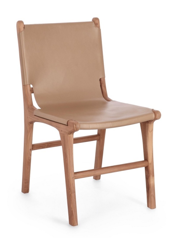 Set 2 scaune Eugenie, din lemn de tec și piele naturală, taupe, 46 x 59 x 85 cm