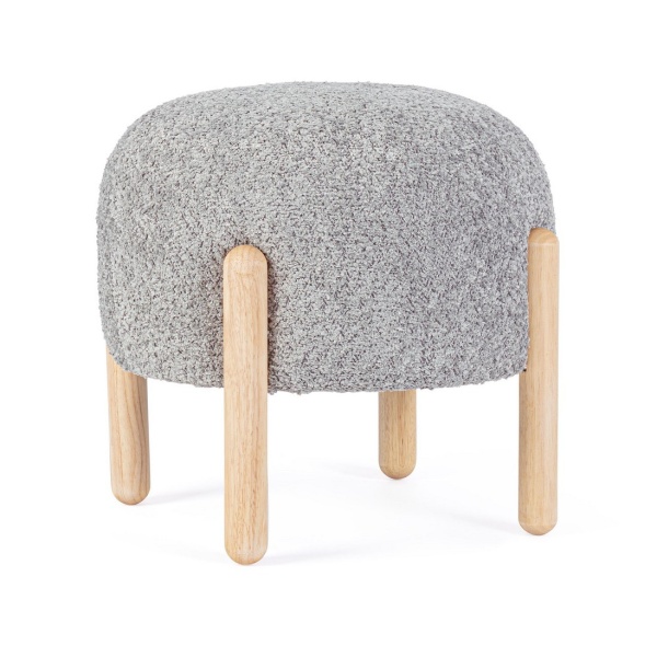 Taburet Dayla, rotund, diametru 45 cm, din poliester cu efect bouclé, gri deschis