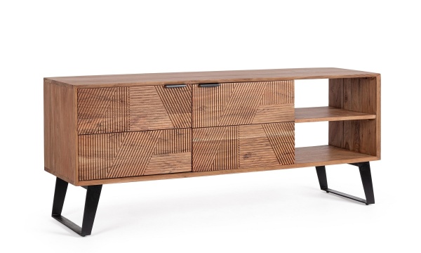 Comodă TV ISAR, 145 cm, cu 2 uși încrustate manual, din lemn de salcâm și metal, 145x40x60 cm