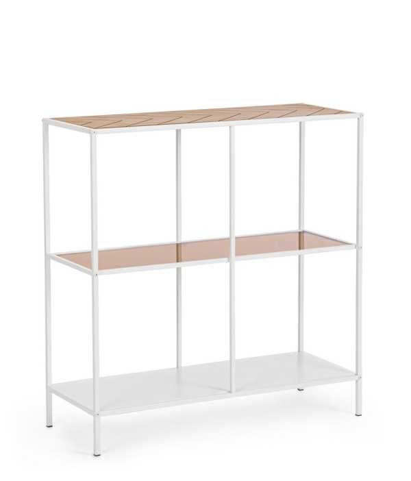 Consolă Haldor, din oțel și MDF furniruit, cu poliță din sticlă, alb și natural, 82x33x85 cm
