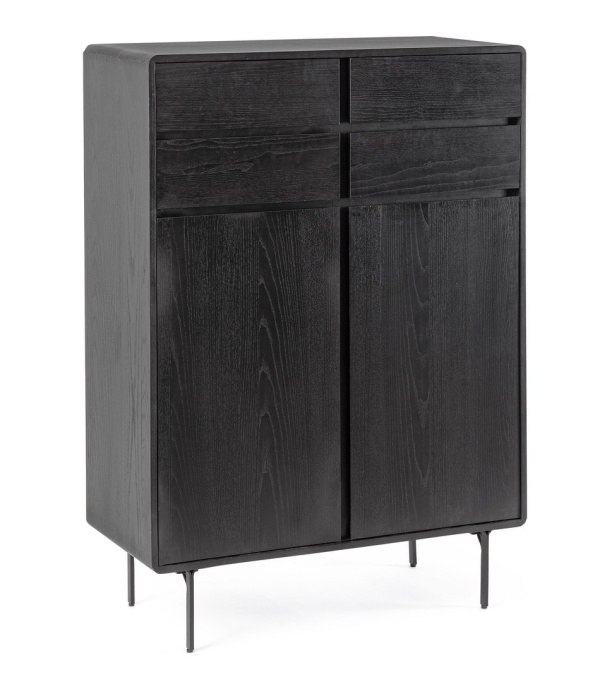 Dulapior Widald, cu 2 uși și 4 sertare, din MDF furniruit cu frasin și oțel, negru, 90x40x130.5 cm