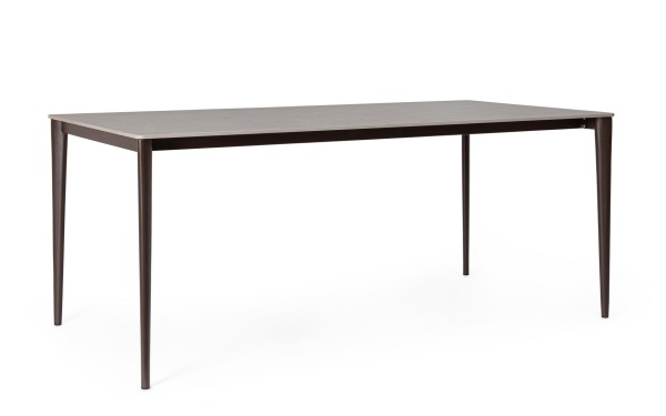 Masă dining fixă Reija, dreptunghiulară, cu blat din gresie porțelanată cu efect de marmură gri deschis și picioare din oțel vopsit ruginiu, 180x90x76 cm