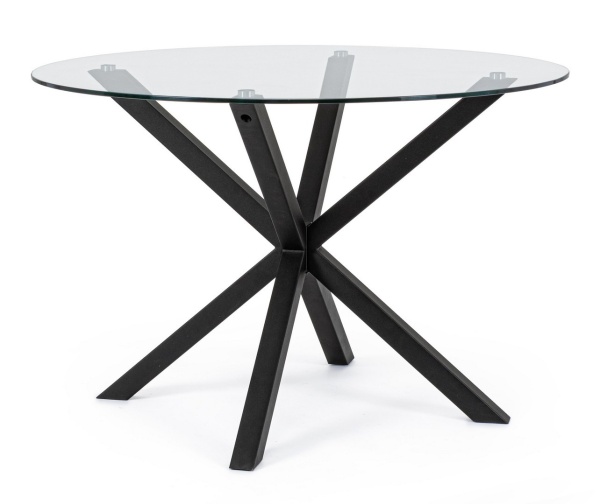 Masă fixă May, rotundă, pentru 6 persoane, blat din sticlă securizată, picioare metalice negre, Ø114 cm
