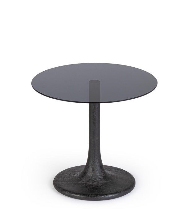 Măsuță de cafea rotundă Aberdeen, cu picioare din lemn de mango și blat din sticlă afumată, negru, diametru 45 cm, înălțime 40 cm
