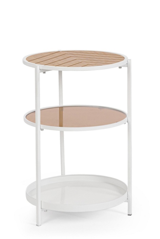 Măsuță de cafea rotundă Haldor, cu poliță din sticlă, metal și MDF furniruit, alb și natur, 40x60.5 cm