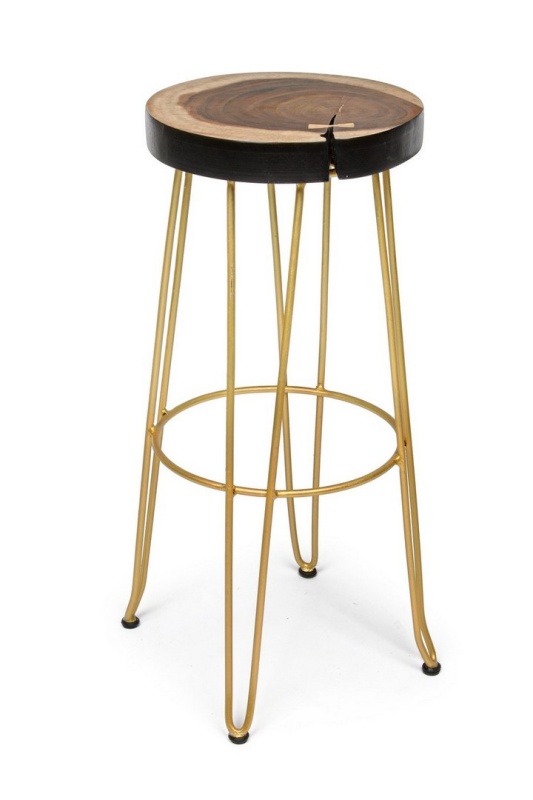Scaun de bar, design nordic, din lemn masiv și oțel vopsit electrostatic, auriu, înălțime 74 cm