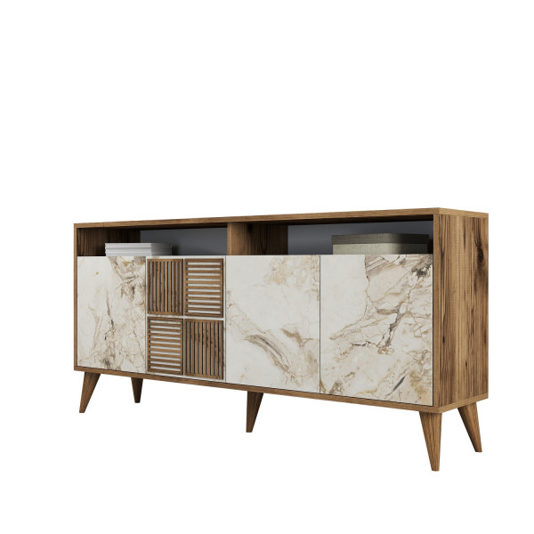 Servanta din pal melaminat Milano nuc si marmură alba 160x78x35 cm