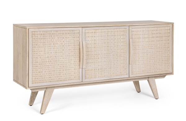 Servanta Sahana, cu 3 uși, din lemn de mango și ratan, finisaj alb spălăcit, 155x40x80 cm