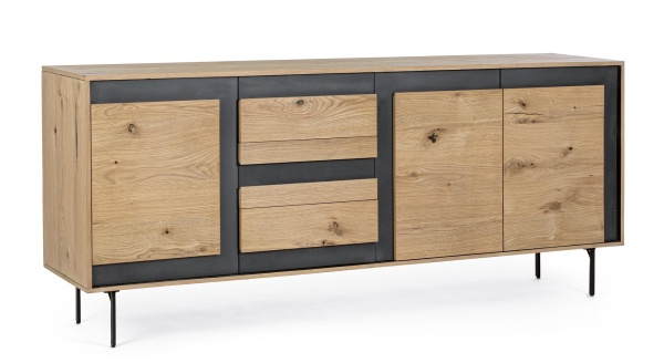 Servanta Stanwood cu 3 uși și 3 sertare, furnir de stejar și oțel, finisaj natural, 200x45x85 cm
