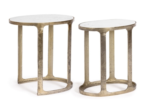 Set 2 Măsuțe de cafea ovale Janira, cu blat de marmură și cadru din aluminiu cu finisaj antichizat, 47x32x51 cm și 55x39x56 cm