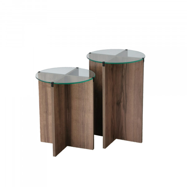 Set 2 masute de cafea rotunde Lily nuc si sticla 60 cm, 50 cm