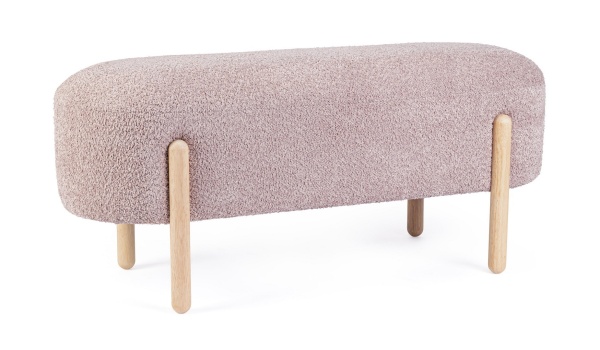 Bancheta tapitata Dayla roz antic, cu picioare din lemn, tapițerie bouclé, 108x41.5x48 cm