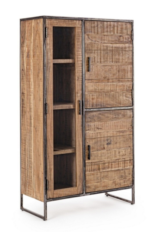 Bufet cu vitrină Elmer, cu 3 uși, din lemn de acacia și oțel, 90x40x160 cm