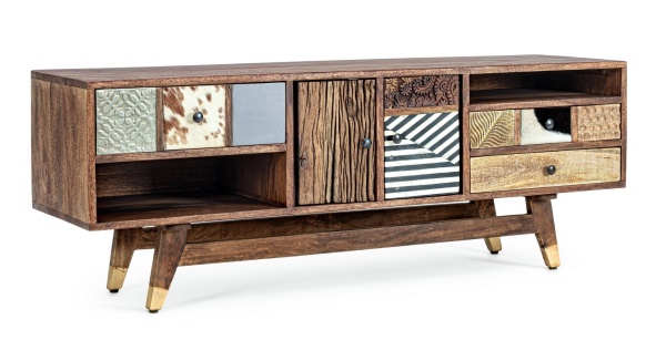 Comodă TV Dhaval, 140 cm, din lemn de mango și acacia reciclat, cu aplicații din metal și piele, 140x40x48 cm