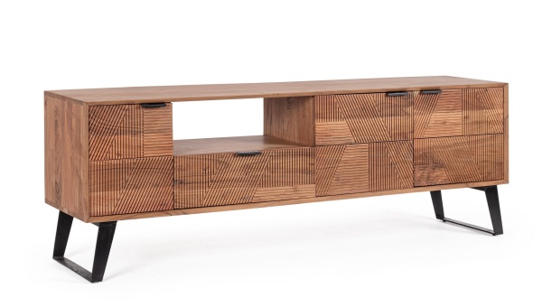 Comodă TV ISAR, 175 cm, cu 3 uși și 1 sertar încrustate manual, din lemn de salcâm și metal, 175x40x60 cm