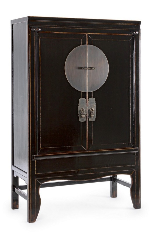 Dulap dining Jinan, cu rafturi, din lemn de ulm reciclat, finisaj lăcuit lucios, negru, 108x48x174 cm