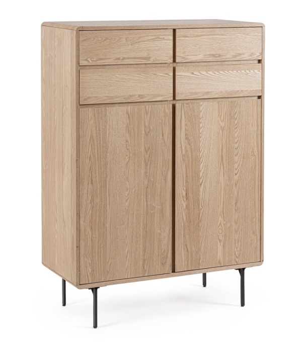 Dulapior Widald, cu 2 uși și 4 sertare, din MDF furniruit cu frasin și oțel, natural, 90x40x130.5 cm