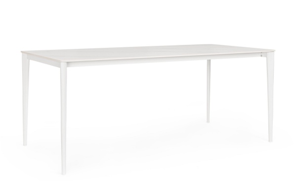 Masă dining fixă Reija, dreptunghiulară, cu blat din gresie porțelanată cu efect de marmură alb și picioare din oțel vopsit alb, 180x90x76 cm