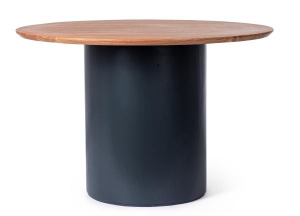 Masă Ojas, rotundă, fixă, pentru 6 persoane, din lemn masiv de salcâm și MDF, albastră, diametru 115 cm