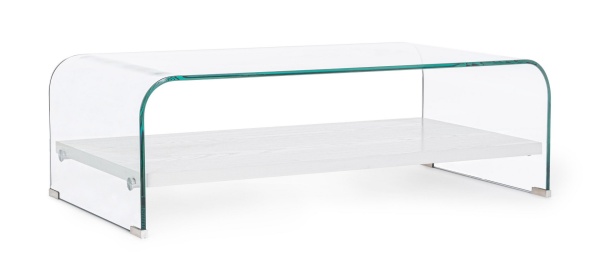Măsuță de cafea Line, cu 2 rafturi efect lemn, picioare din sticlă, alb, 110x55x35 cm