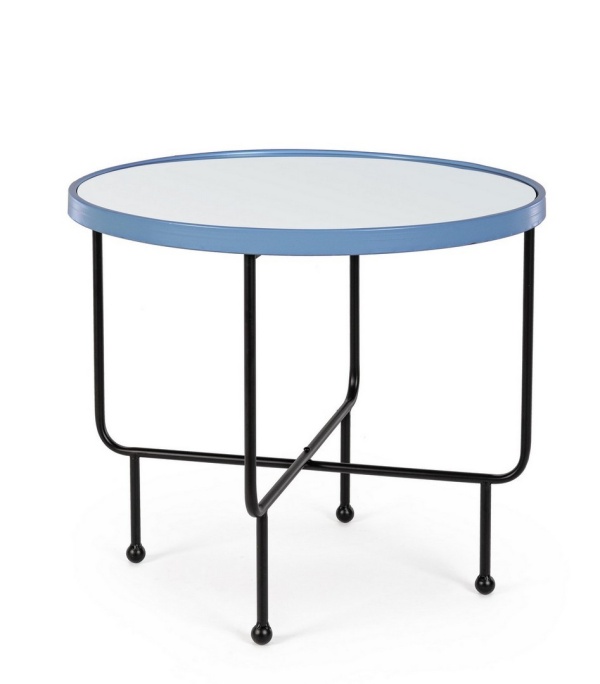 Măsuță de cafea Painter, rotundă, cu blat tip oglindă, oțel și sticlă, albastră, diametru 58.5 cm