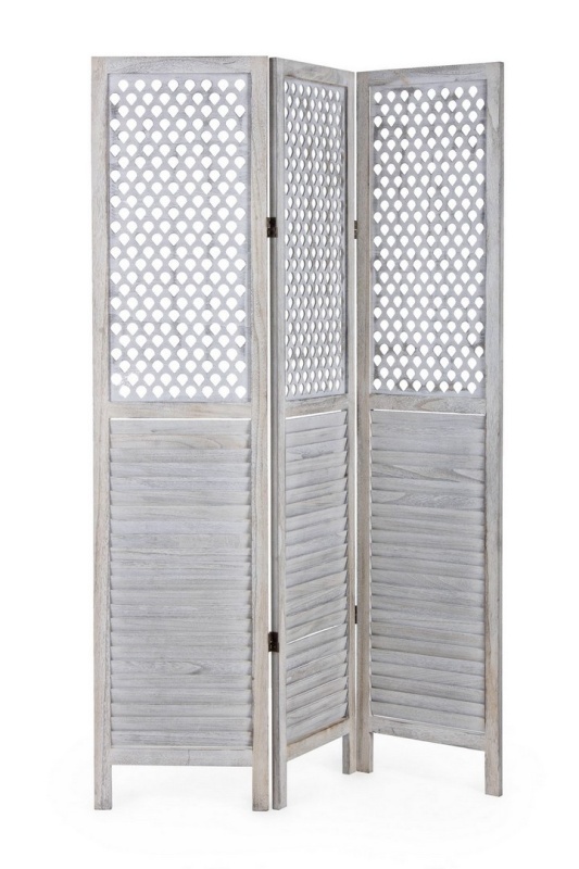 Paravan decorativ cu 3 uși, pliabil, din lemn de Paulownia, alb antichizat, 120x170 cm