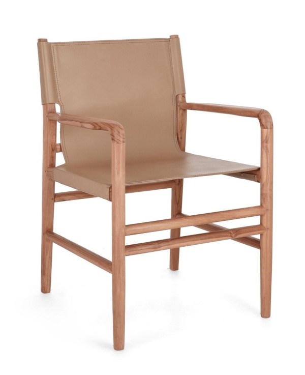 Scaun cu brațe Caroline, din lemn de tec și piele naturală, Taupe, 57x58x85 cm
