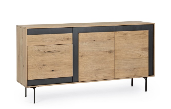 Servanta Stanwood cu 3 uși și 1 sertar, furnir de stejar și oțel, finisaj natural, 160x40x85 cm