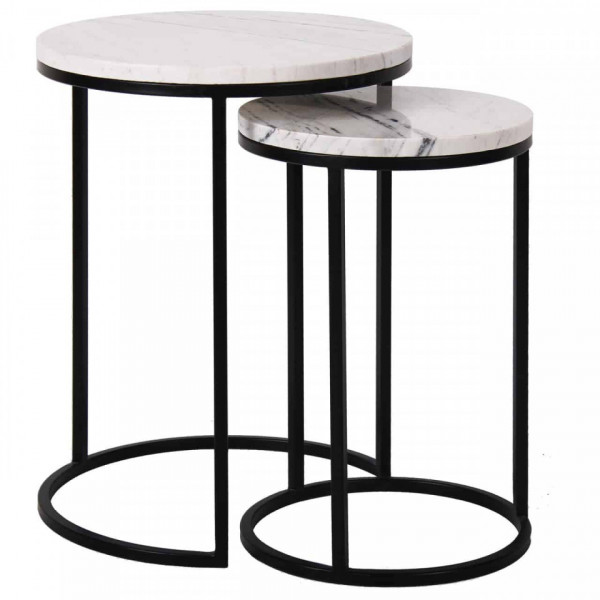 Set 2 masute de cafea rotunde din marmura si metal Lexington 57x45x45 cm albe