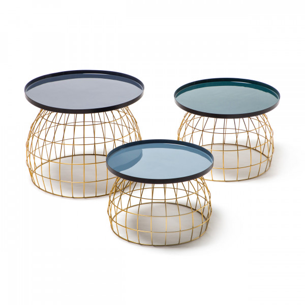 Set 3 masute de cafea rotunde din fier 26 cm / 32 cm / 42 cm albastru închis / verde / gri