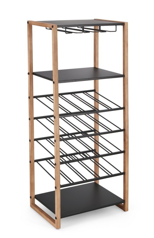 Suport pentru 20 sticle Isaac, din oțel vopsit electrostatic și lemn de cauciuc, negru, 50x35x122 cm