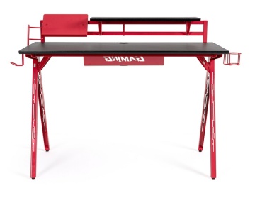Birou de gaming, cu cadru metalic și blat cu efect de fibră de carbon, roșu și negru, 135.5x60x95 cm - Img 3