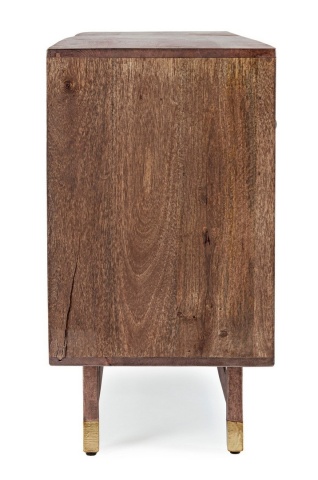Comoda Dhaval, 2 uși și sertare, lemn mango și salcâm reciclat, aplicații metal și piele, 160x40x75 cm - Img 5