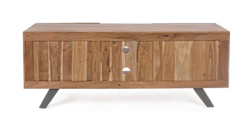 Comodă TV Aron, 160 cm, 2 uși cu inserții metalice, lemn de acacia și oțel, 160x44x65 cm - Img 4