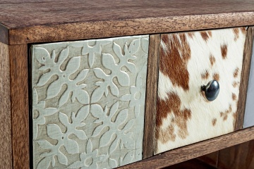 Comodă TV Dhaval, 140 cm, din lemn de mango și acacia reciclat, cu aplicații din metal și piele, 140x40x48 cm - Img 7