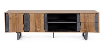 Comodă TV Garwood, cu 2 uși și 2 sertare, din MDF furniruit cu stejar și oțel, 160x42x55 cm - Img 2