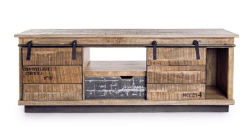 Comodă TV joasă Tudor, 130 cm, cu 2 uși și 1 sertar, din lemn de mango cu bază din oțel, finisaj nitrocelulozic, 130x40x50 cm - Img 8