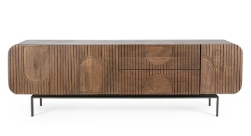 Comodă TV Orissa, lemn masiv de mango și picioare din oțel, 3 uși, 2 sertare, natural, 172x44x55 cm - Img 3